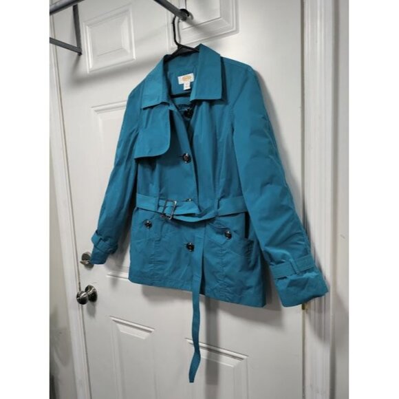 Talbots Spring Belted Trench Coat Teal Blue Women's Petite Size Medium - Picture 6 of 16